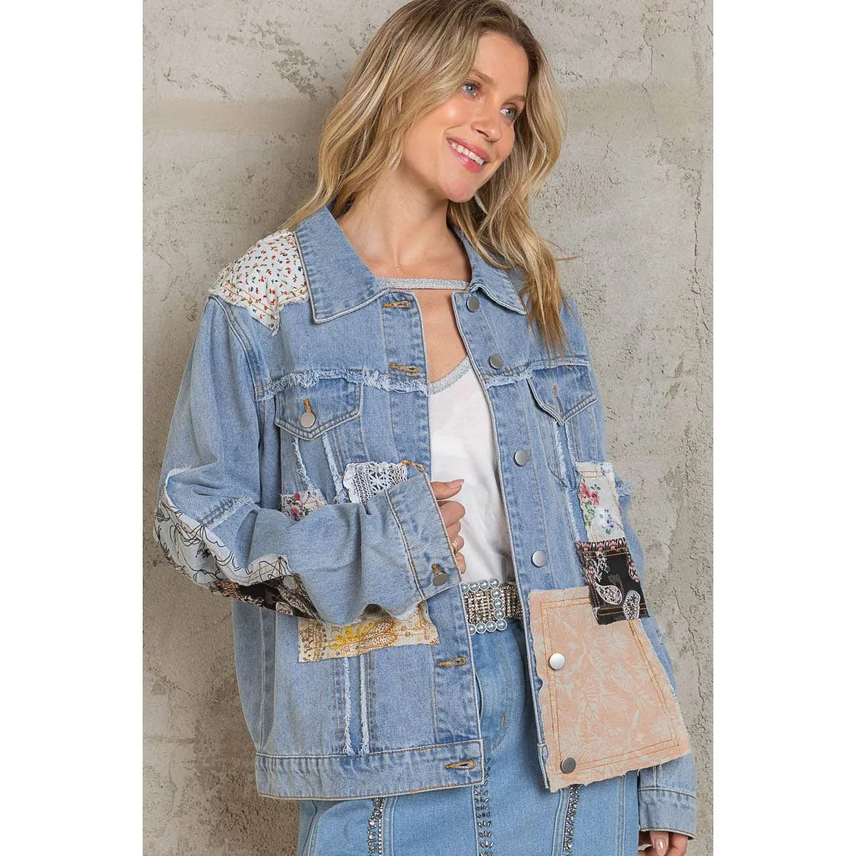 Distressed Outseam Patch Detail Button Down Denim Jacket /Stuffology Boutique