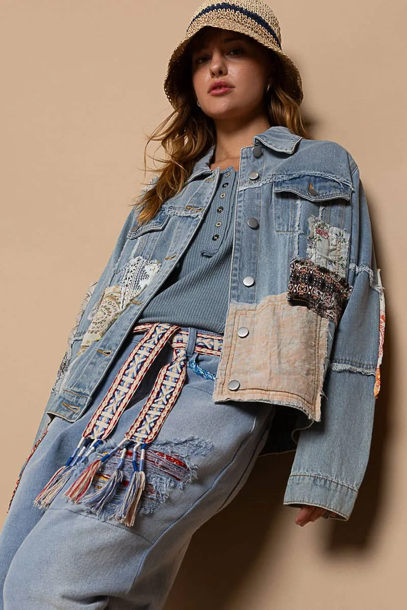 Distressed Outseam Patch Detail Button Down Denim Jacket /Stuffology Boutique