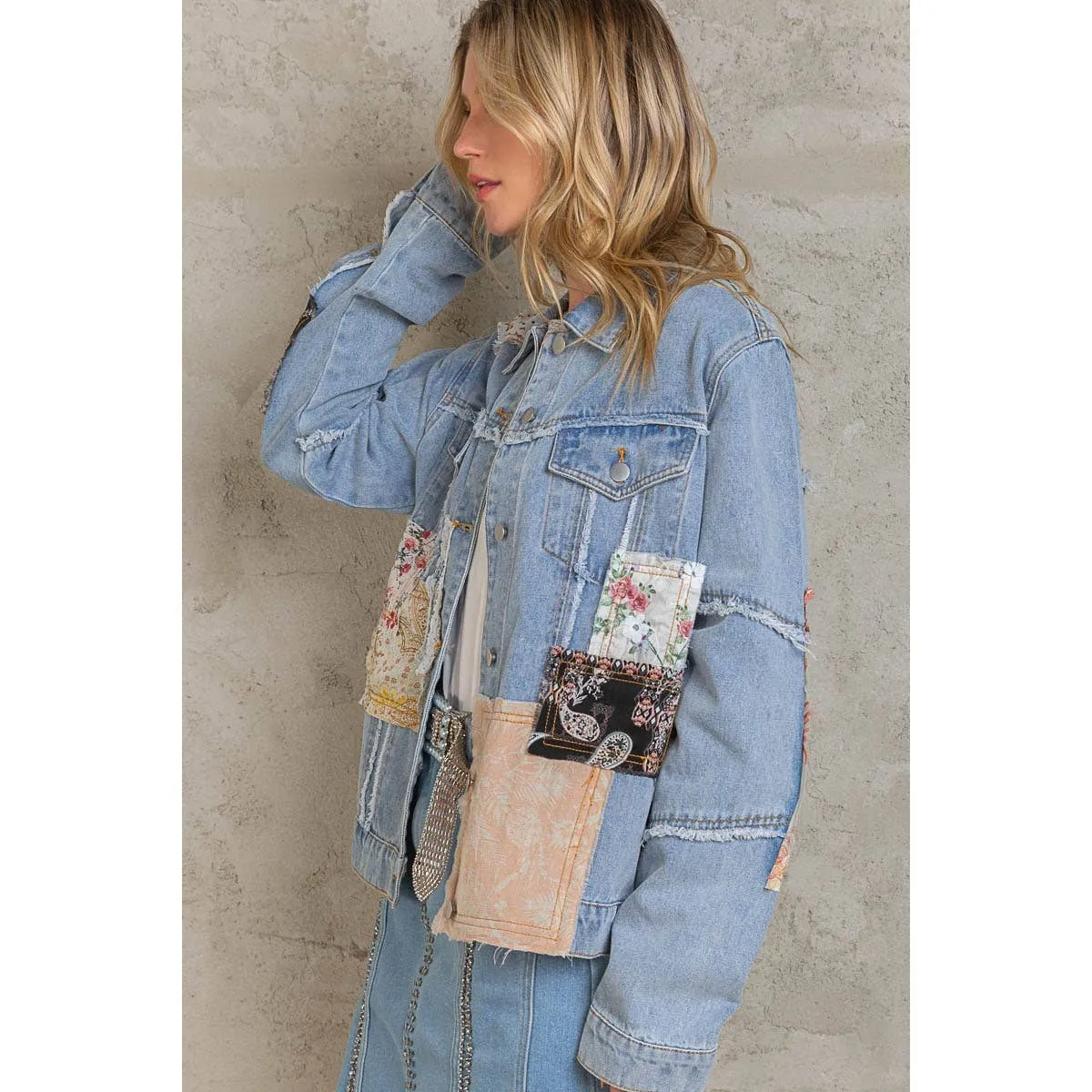 Distressed Outseam Patch Detail Button Down Denim Jacket /Stuffology Boutique
