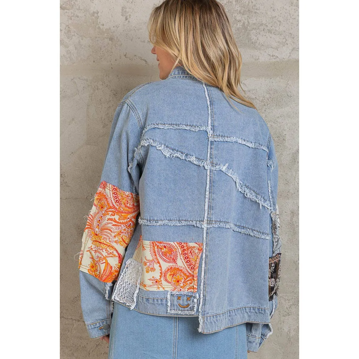 Distressed Outseam Patch Detail Button Down Denim Jacket /Stuffology Boutique