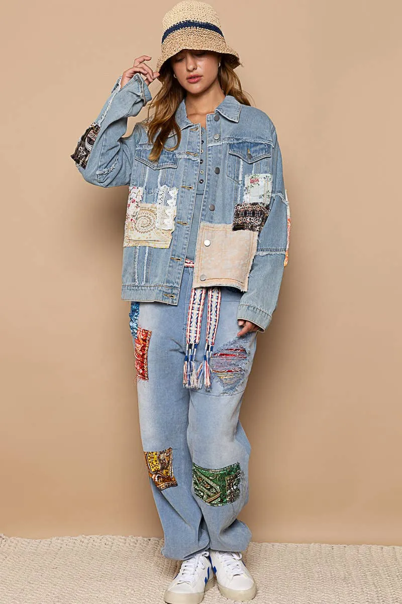 Distressed Outseam Patch Detail Button Down Denim Jacket /Stuffology Boutique
