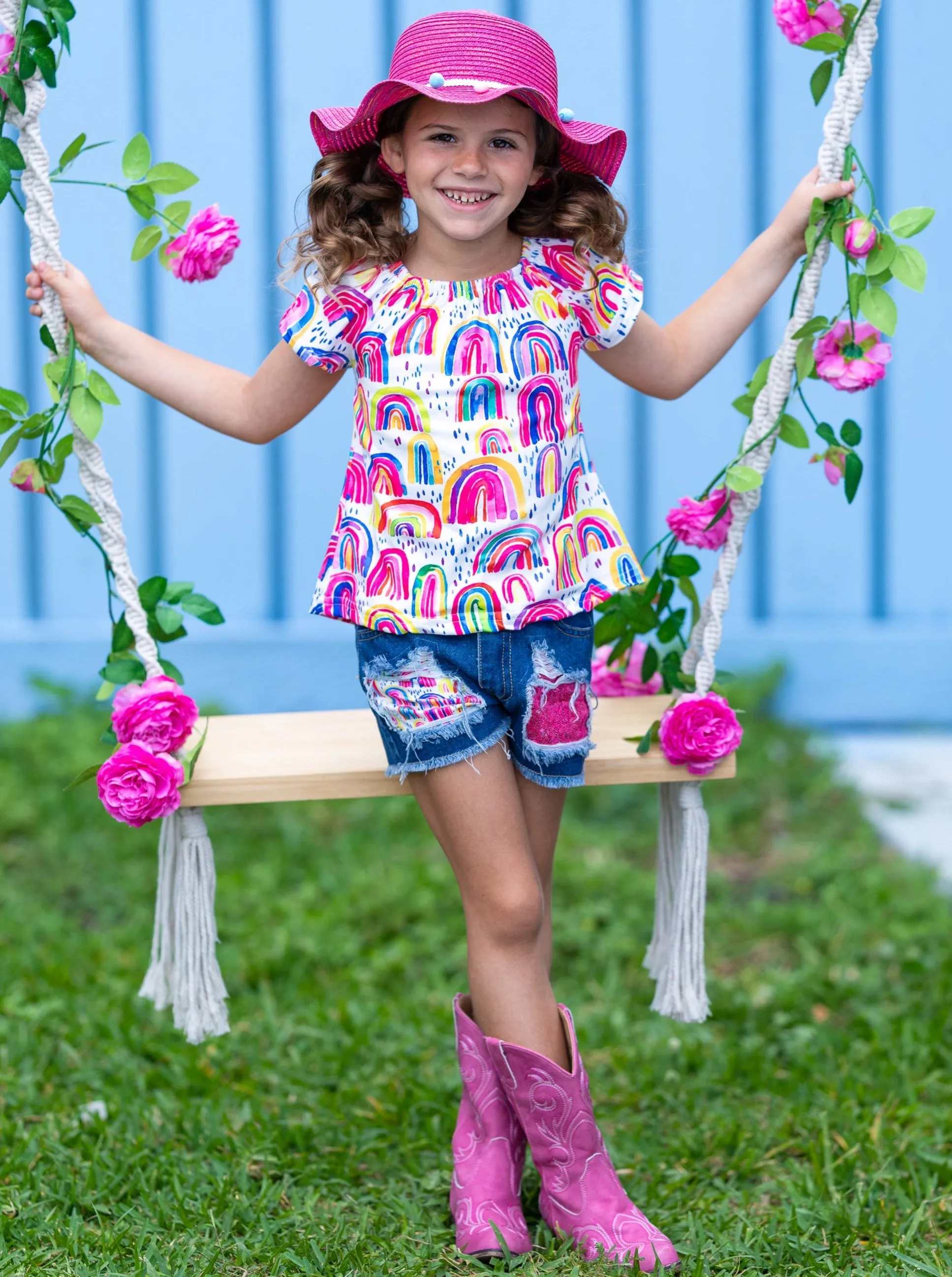 Drawn to Rainbows Patched Denim Shorts Set