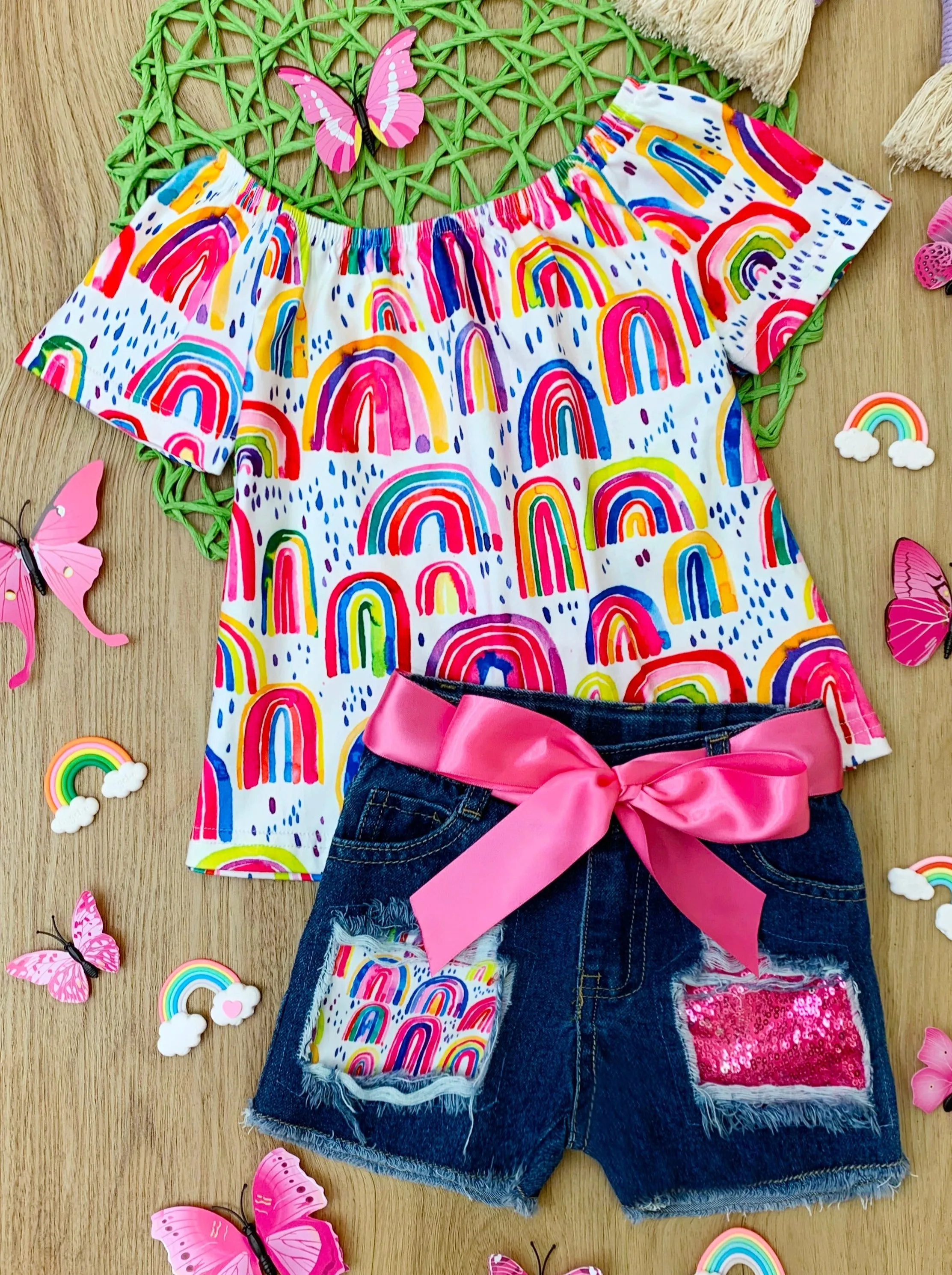 Drawn to Rainbows Patched Denim Shorts Set