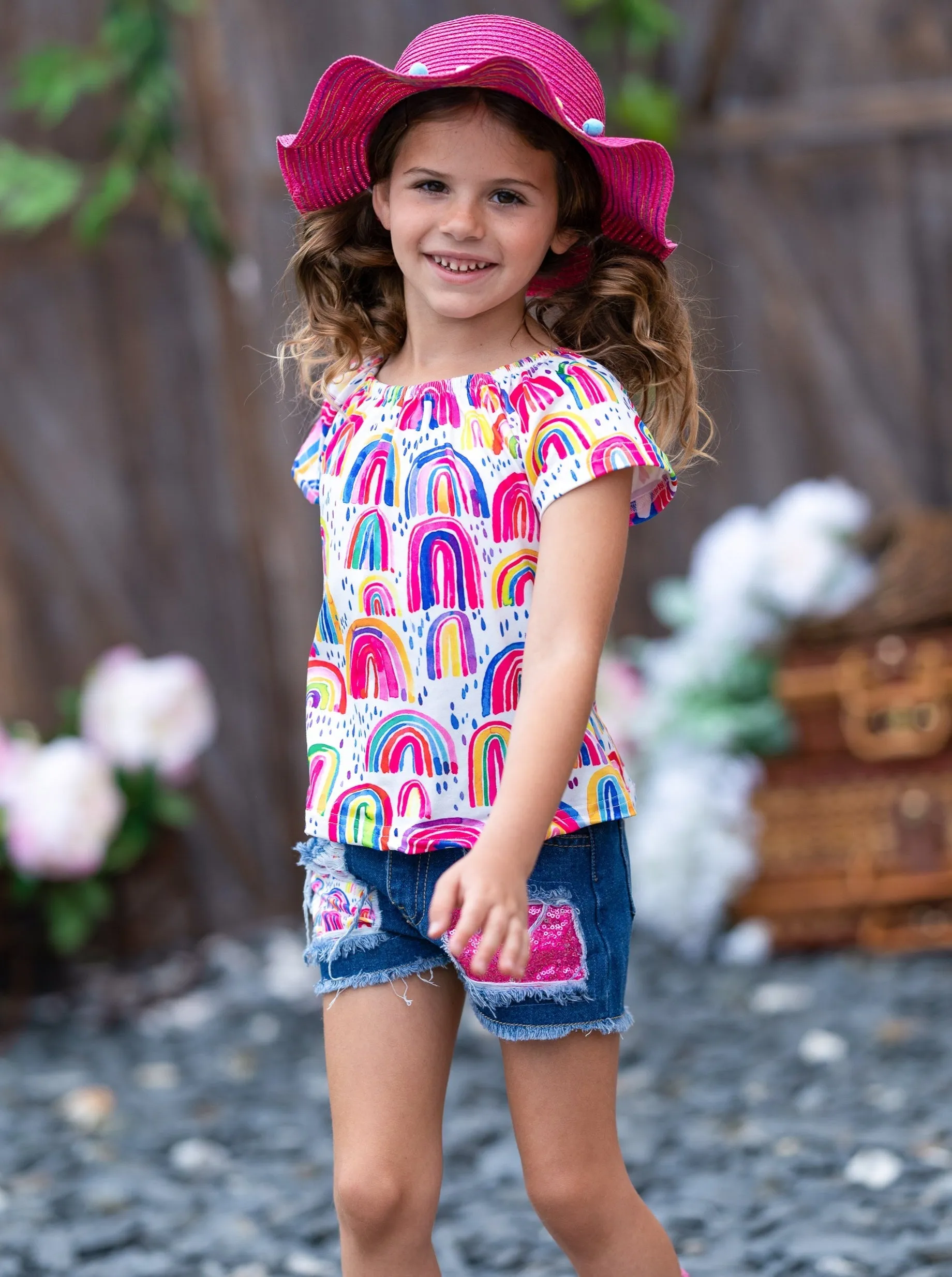 Drawn to Rainbows Patched Denim Shorts Set