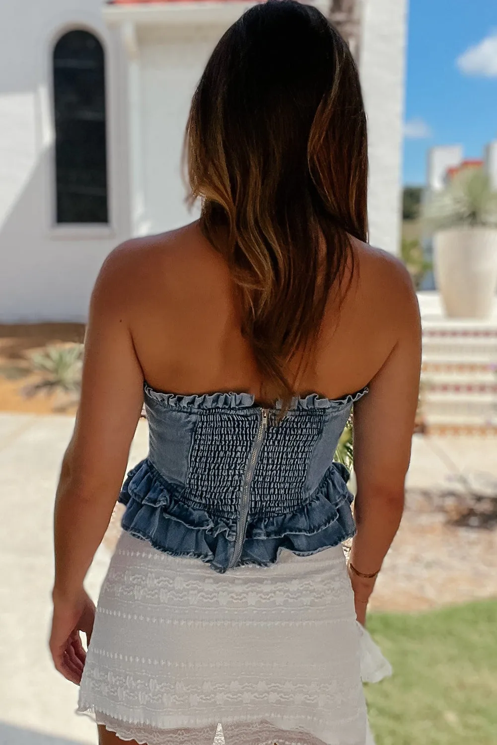 Dusk Blue Denim Tube Smocked Back Peplum Top