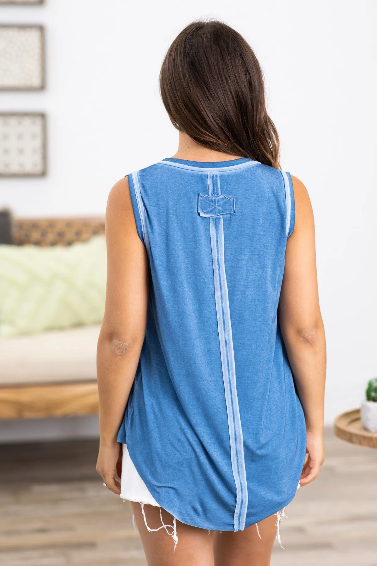 Dusty Blue Washed V-Neck Raw Hem Tank