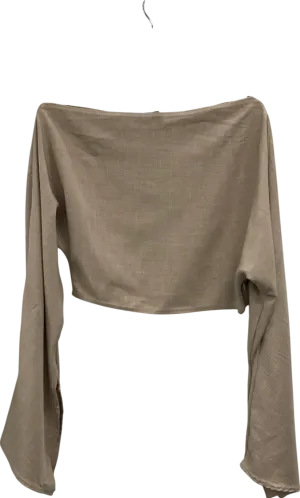 Ego Beige Open Neck Linen Look Top With Slashed Sleeves UK 14