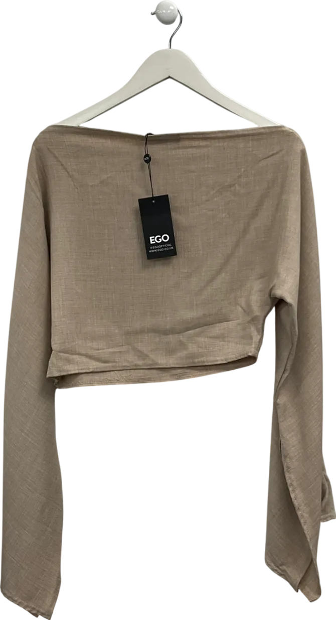 Ego Beige Open Neck Linen Look Top With Slashed Sleeves UK 14
