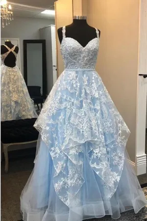 Elegant A Line Sweetheart Light Blue Open Back Appliques Long Prom Dress OK1063