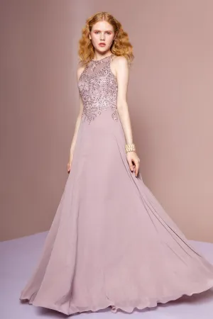 Embroidered Bodice Chiffon A-Line Long Dress