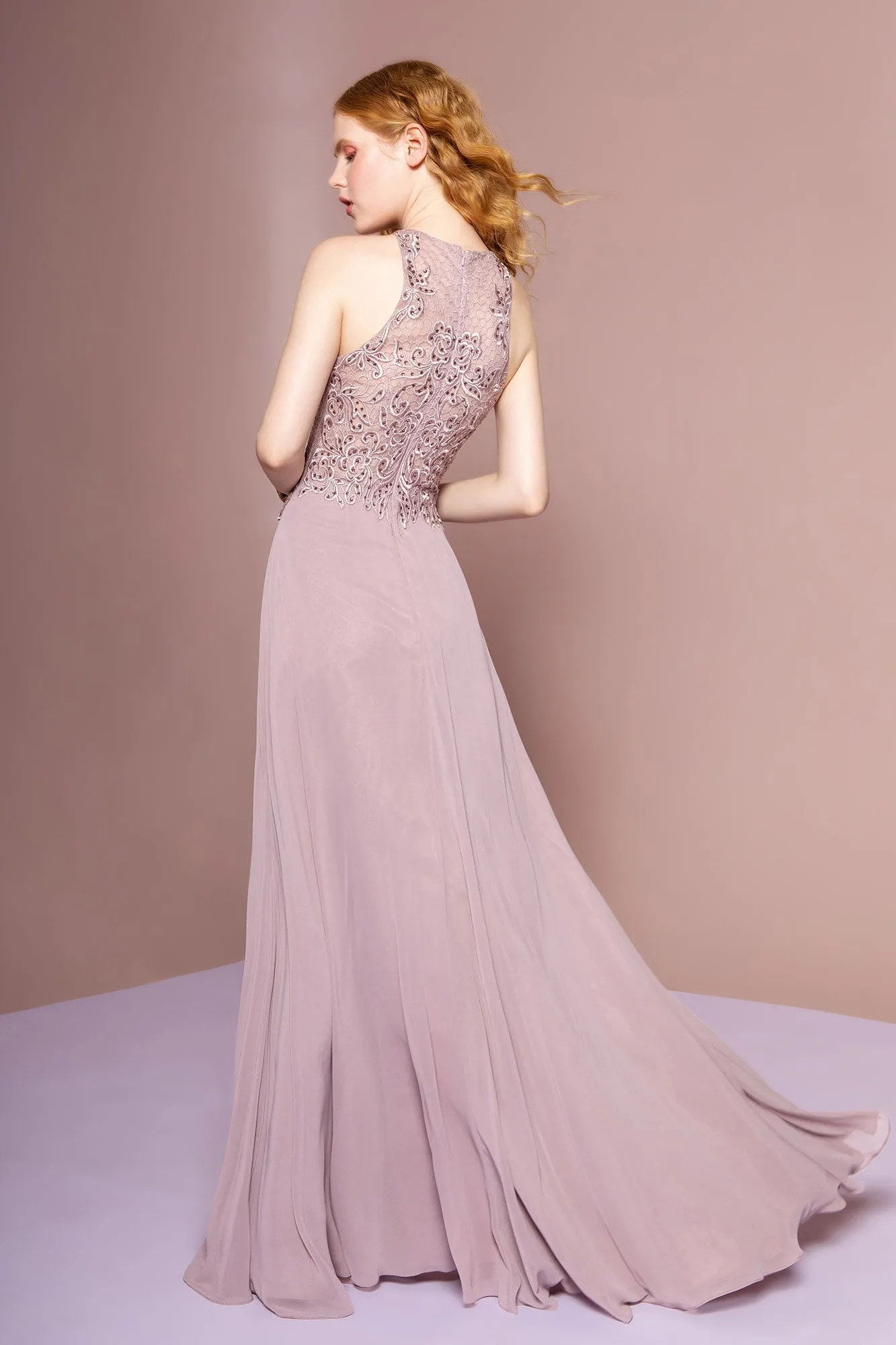 Embroidered Bodice Chiffon A-Line Long Dress