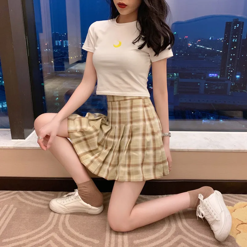 Embroidered T-shirt   plaid pleated skirt KF90649
