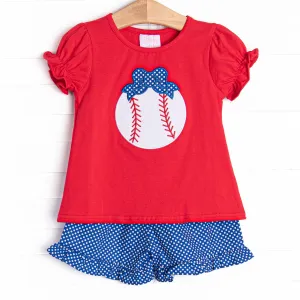 Extra Innings Applique Ruffle Short Set, Red