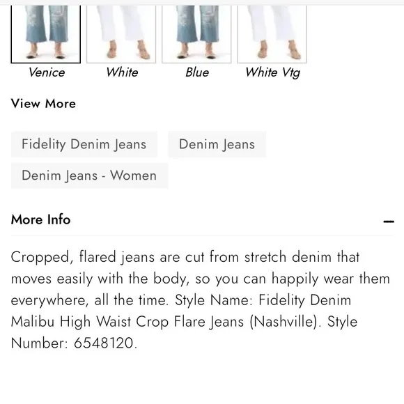 Fidelity Denim Malibu High‎ Waist Crop Flare Jeans in color Venice 26