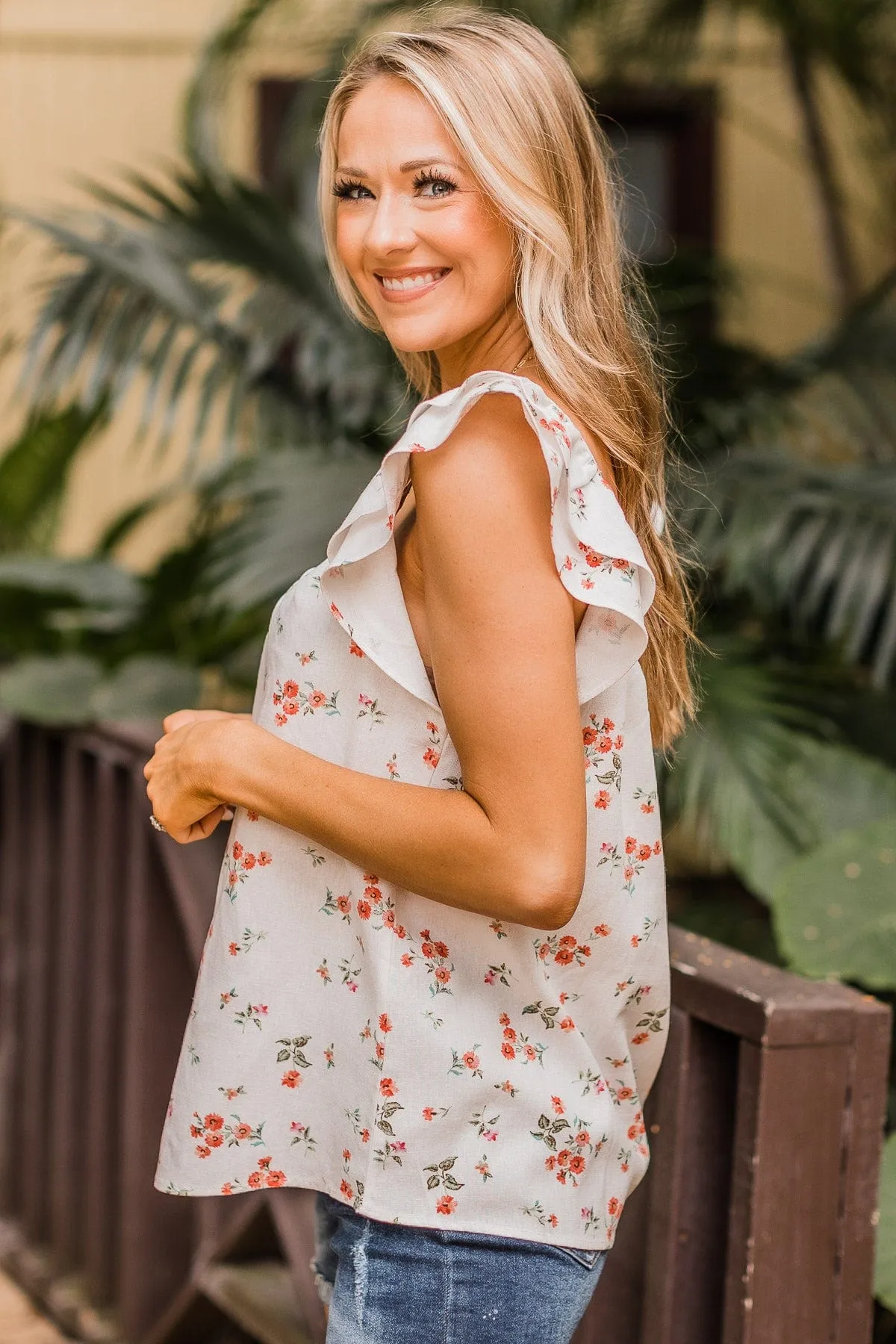 First Pick Ruffle Floral Top- Ivory