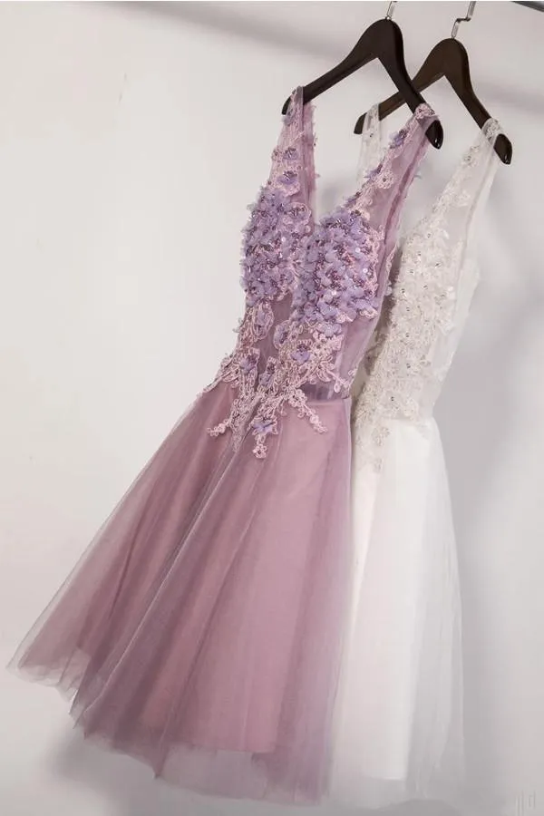 Floral A-line V-neck Knee Length Tulle Homecoming Dress With Appliques TR0139