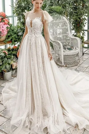 Flounced Sleeves Ivory Lace Dress for Marriage 2020 Bridal Gowns