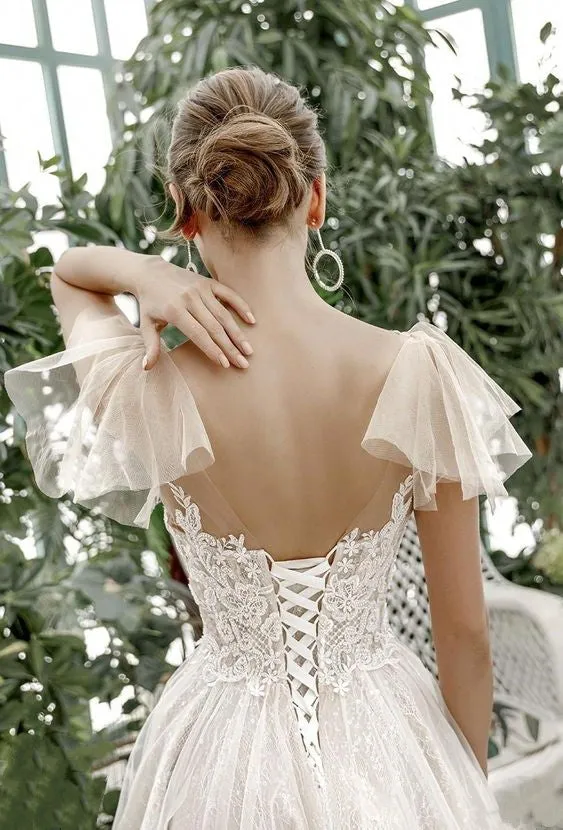 Flounced Sleeves Ivory Lace Dress for Marriage 2020 Bridal Gowns