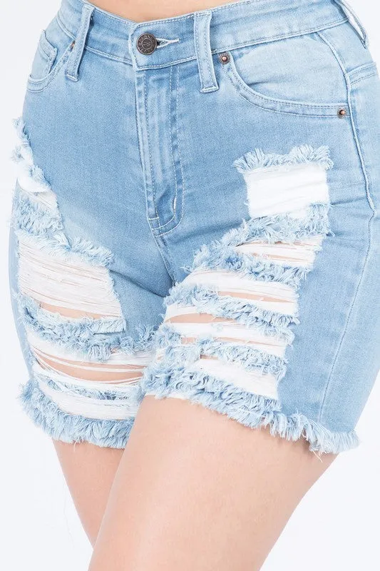 FRONT & BACK DISTRESSED DENIM SHORTS