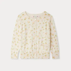 Girls Light Yellow Floral Embroidered Cotton Cardigan