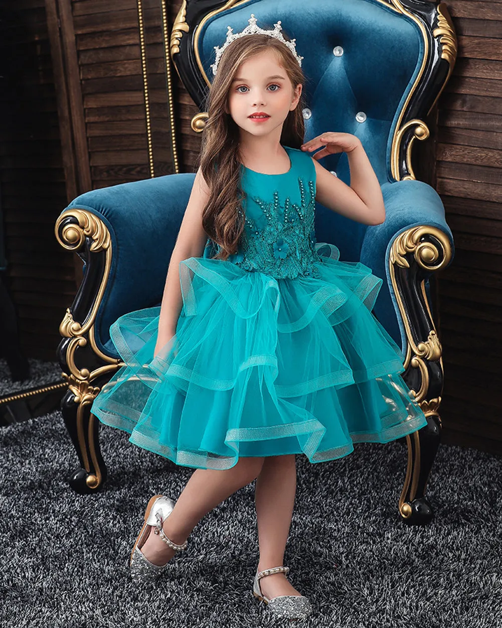 Girls Sleeveless Flower Embroidered Tutu Dress Pageant Flower Girl Dress