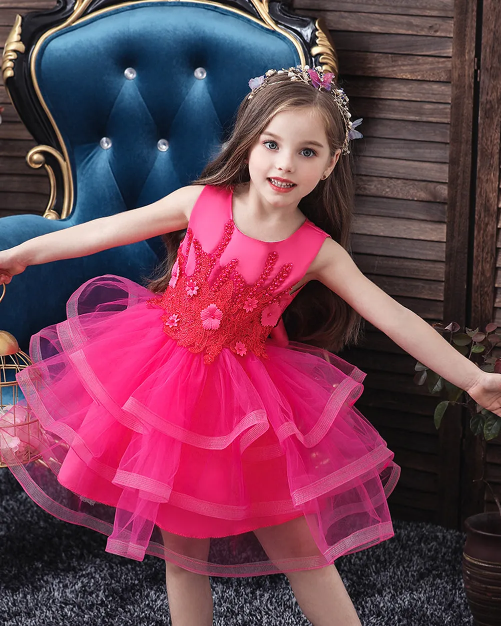 Girls Sleeveless Flower Embroidered Tutu Dress Pageant Flower Girl Dress