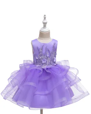 Girls Sleeveless Flower Embroidered Tutu Dress Pageant Flower Girl Dress
