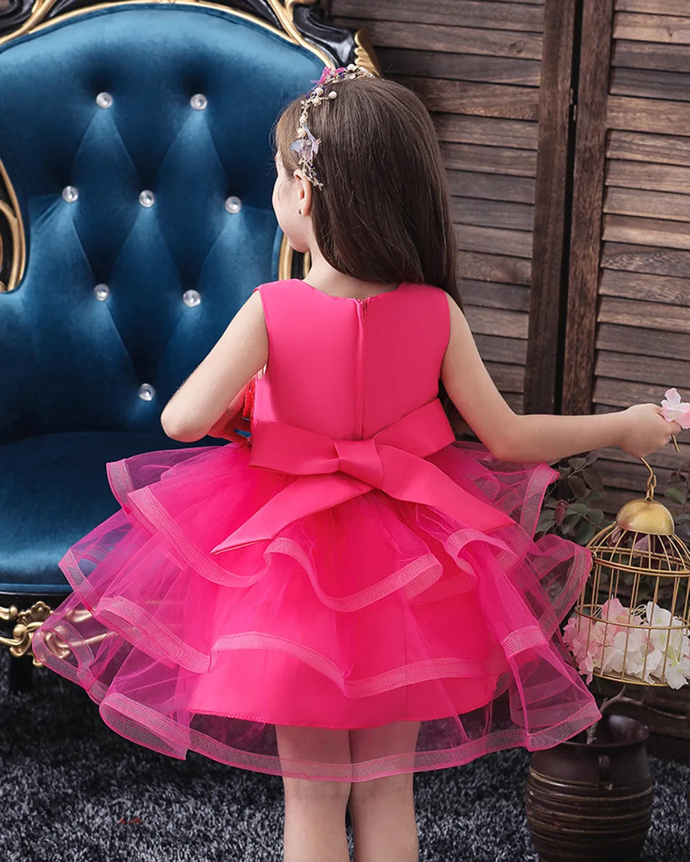Girls Sleeveless Flower Embroidered Tutu Dress Pageant Flower Girl Dress