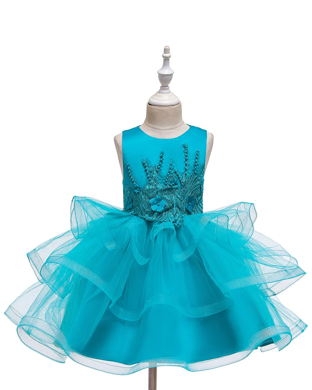 Girls Sleeveless Flower Embroidered Tutu Dress Pageant Flower Girl Dress