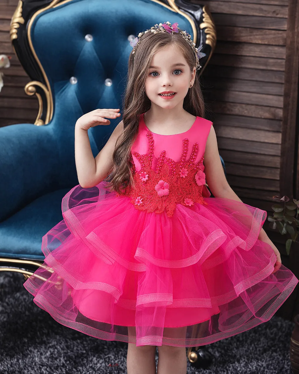 Girls Sleeveless Flower Embroidered Tutu Dress Pageant Flower Girl Dress