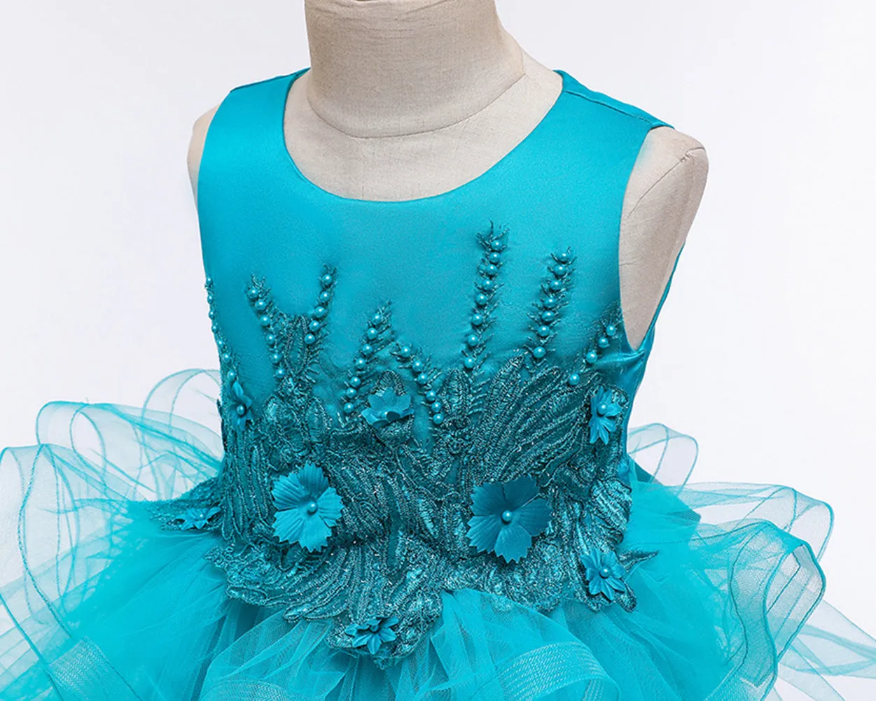 Girls Sleeveless Flower Embroidered Tutu Dress Pageant Flower Girl Dress