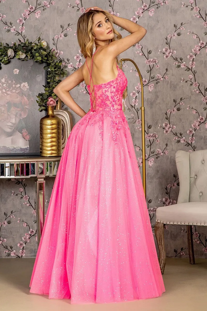GL 3218 - Iridescent Sequin Embellished A-Line Prom Gown with Sheer Boned Corset Bodice Lace Up Corset Back & Leg Slit