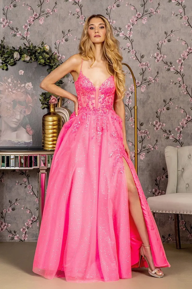 GL 3218 - Iridescent Sequin Embellished A-Line Prom Gown with Sheer Boned Corset Bodice Lace Up Corset Back & Leg Slit