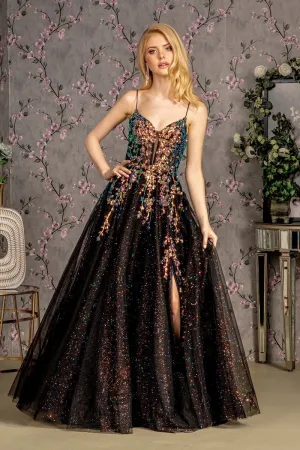 GL 3218 - Iridescent Sequin Embellished A-Line Prom Gown with Sheer Boned Corset Bodice Lace Up Corset Back & Leg Slit