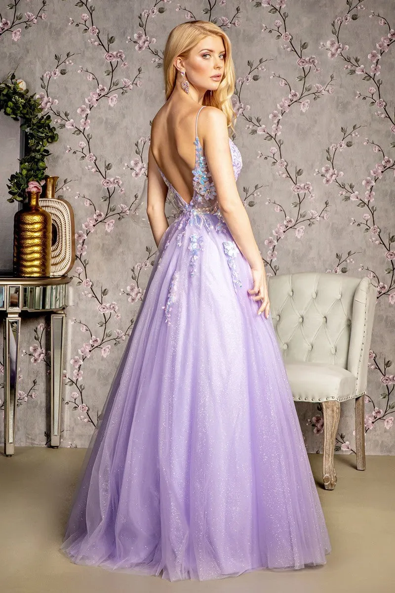 GL 3226 - Shimmering Tulle A-Line Prom Gown with Sheer Floral Embroidered Bodice & Deep V Back