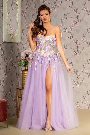 GL 3233 - Glitter Tulle 3D Floral A-Line Prom Gown with Sheer Boned Bodice Removable Puff Sleeves Leg Slit & Lace Up Back