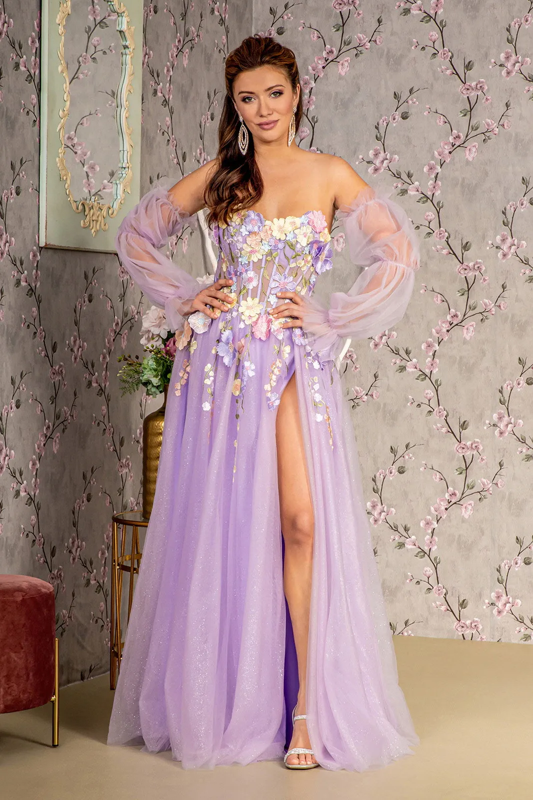 GL 3233 - Glitter Tulle 3D Floral A-Line Prom Gown with Sheer Boned Bodice Removable Puff Sleeves Leg Slit & Lace Up Back
