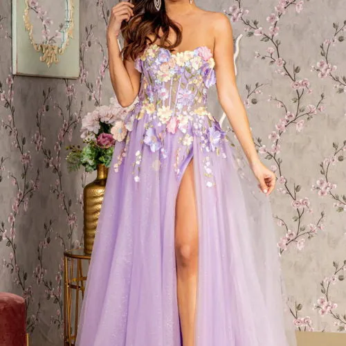 GL 3233 - Glitter Tulle 3D Floral A-Line Prom Gown with Sheer Boned Bodice Removable Puff Sleeves Leg Slit & Lace Up Back