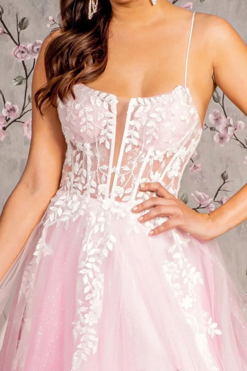 GL 3249 - Embroidered Layered Tulle A-Line Prom Gown with Sheer Detailed Boned Corset Bodice Leg Slit & Open Lace Up Back