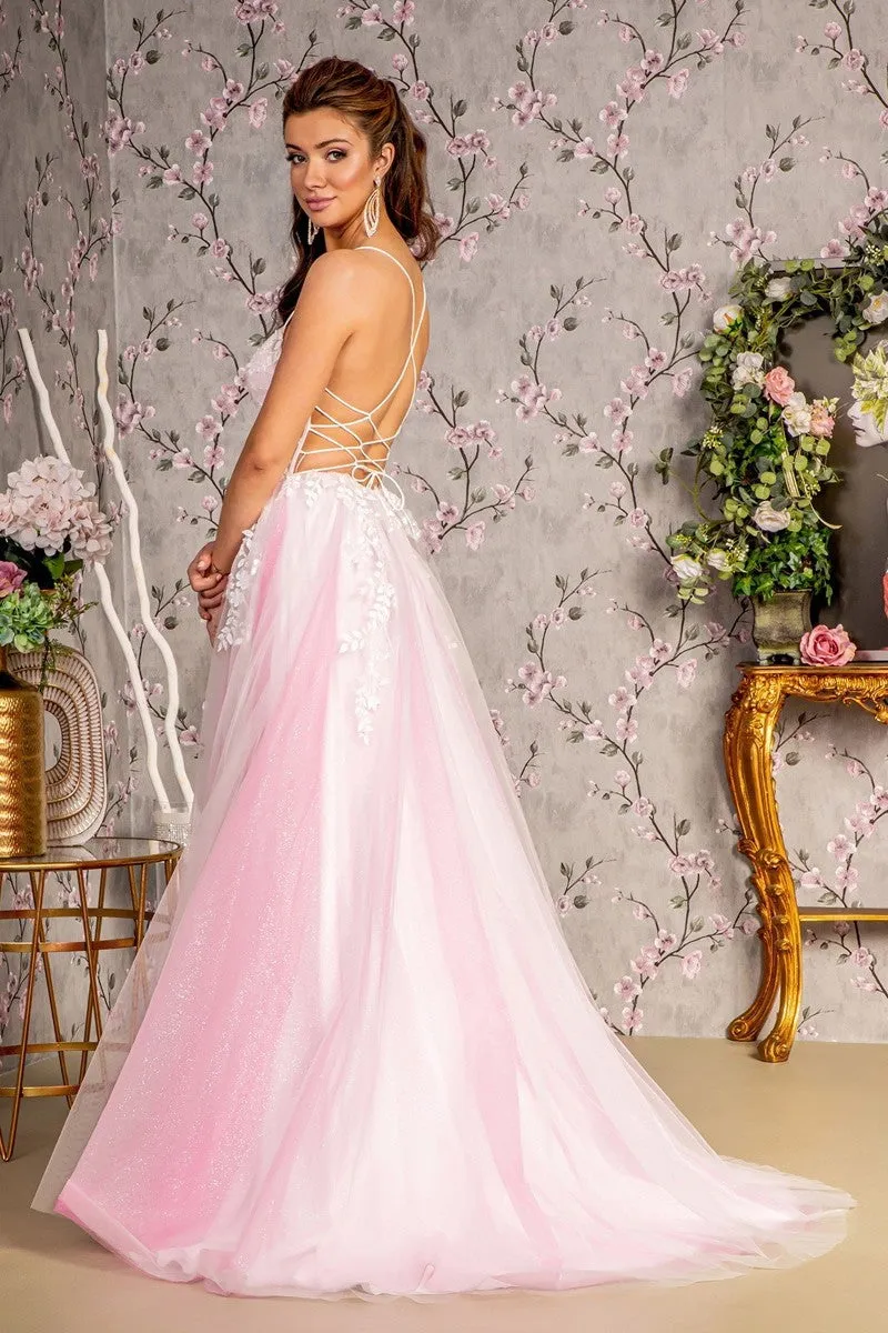 GL 3249 - Embroidered Layered Tulle A-Line Prom Gown with Sheer Detailed Boned Corset Bodice Leg Slit & Open Lace Up Back