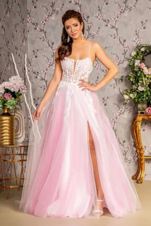 GL 3249 - Embroidered Layered Tulle A-Line Prom Gown with Sheer Detailed Boned Corset Bodice Leg Slit & Open Lace Up Back