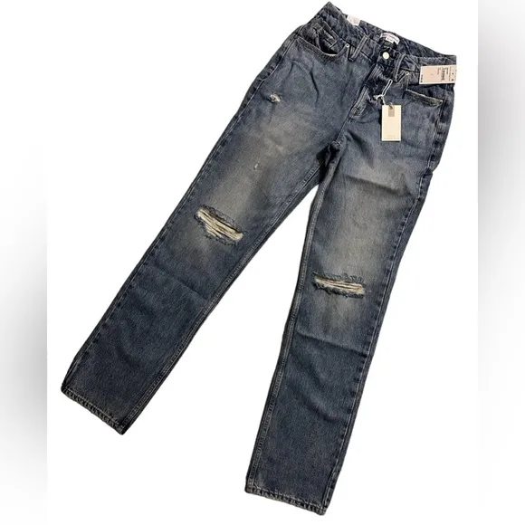 Good American Jeans Good 90s Icon Straight Leg Distresded Indigo‎ 065 26 2 NWT