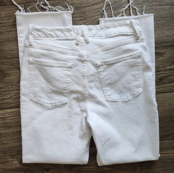 Good American White Straight High Waist Raw Hem Straight Leg Jeans Size 29