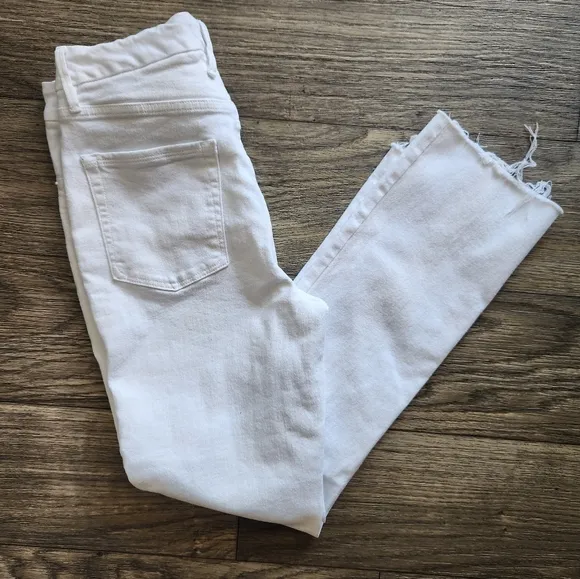 Good American White Straight High Waist Raw Hem Straight Leg Jeans Size 29