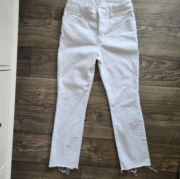 Good American White Straight High Waist Raw Hem Straight Leg Jeans Size 29