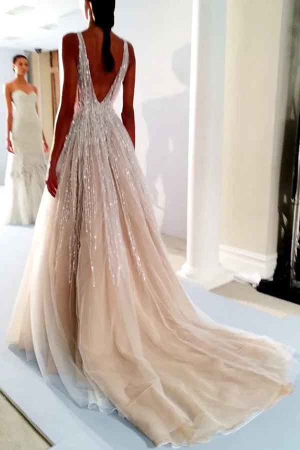 Gorgeous Ball Gown V-neck Open Back Beaded Long Wedding Dresses,MW465