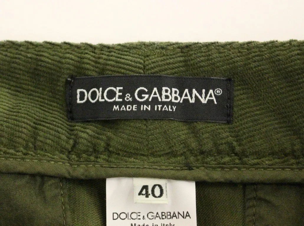 Green Cotton Cropped Corduroys Jeans Pants