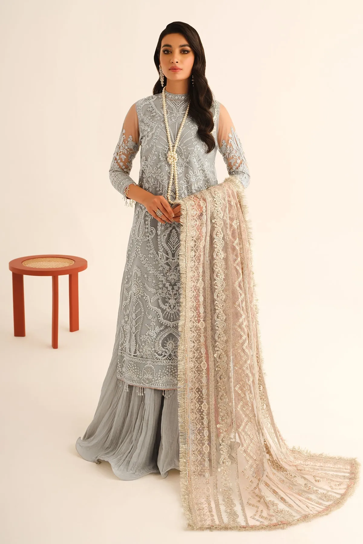 Grey Pakistani Kurti and Sharara with Dupatta Party Wear
