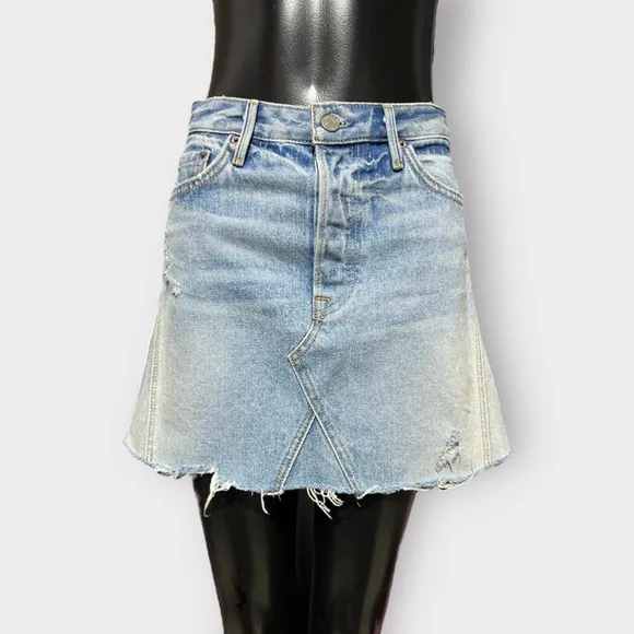 GRLFRND Eva A-Line Denim Mini Skirt NEW sz 25 Button Fly Pockets Distressed Blue