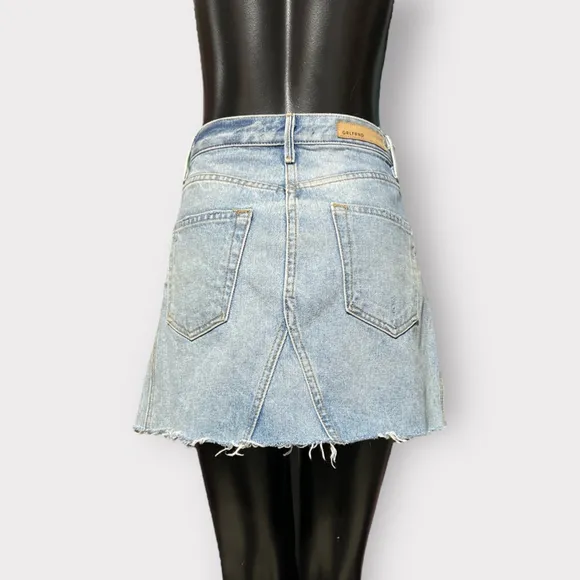 GRLFRND Eva A-Line Denim Mini Skirt NEW sz 25 Button Fly Pockets Distressed Blue